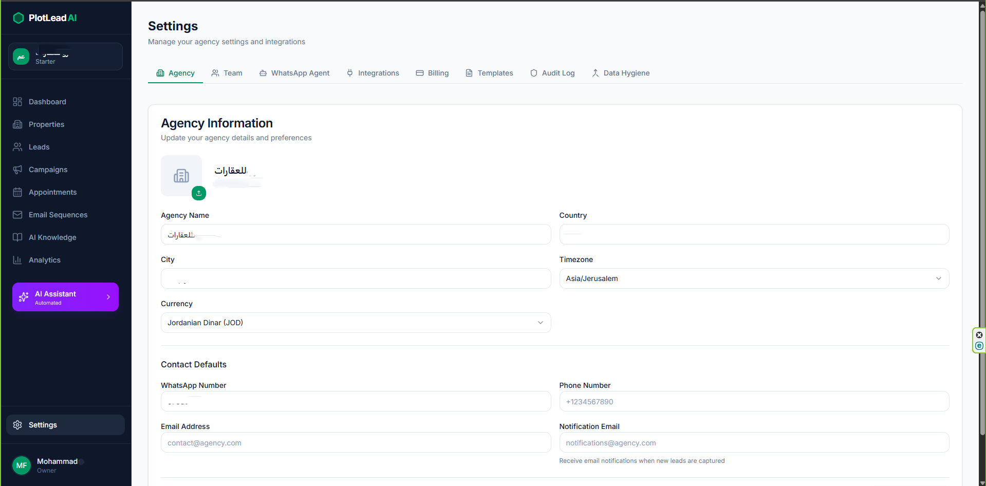 Agency Settings: Multi-tenant configuration with currency and timezone settings
