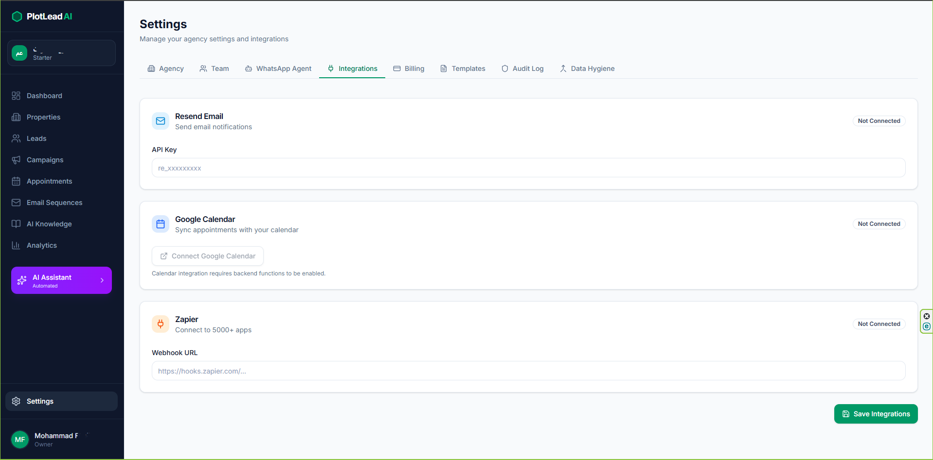 Integrations Hub: Resend email, Google Calendar, and Zapier webhooks